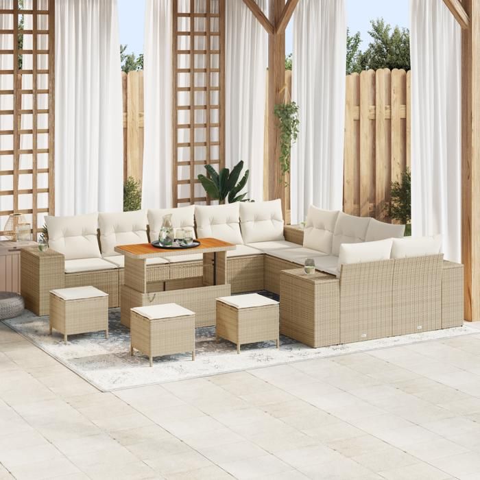 VidaXL Ensemble de canapé de jardin 14 pièces avec coussins beiges en rotin synthétique acacia 3364021