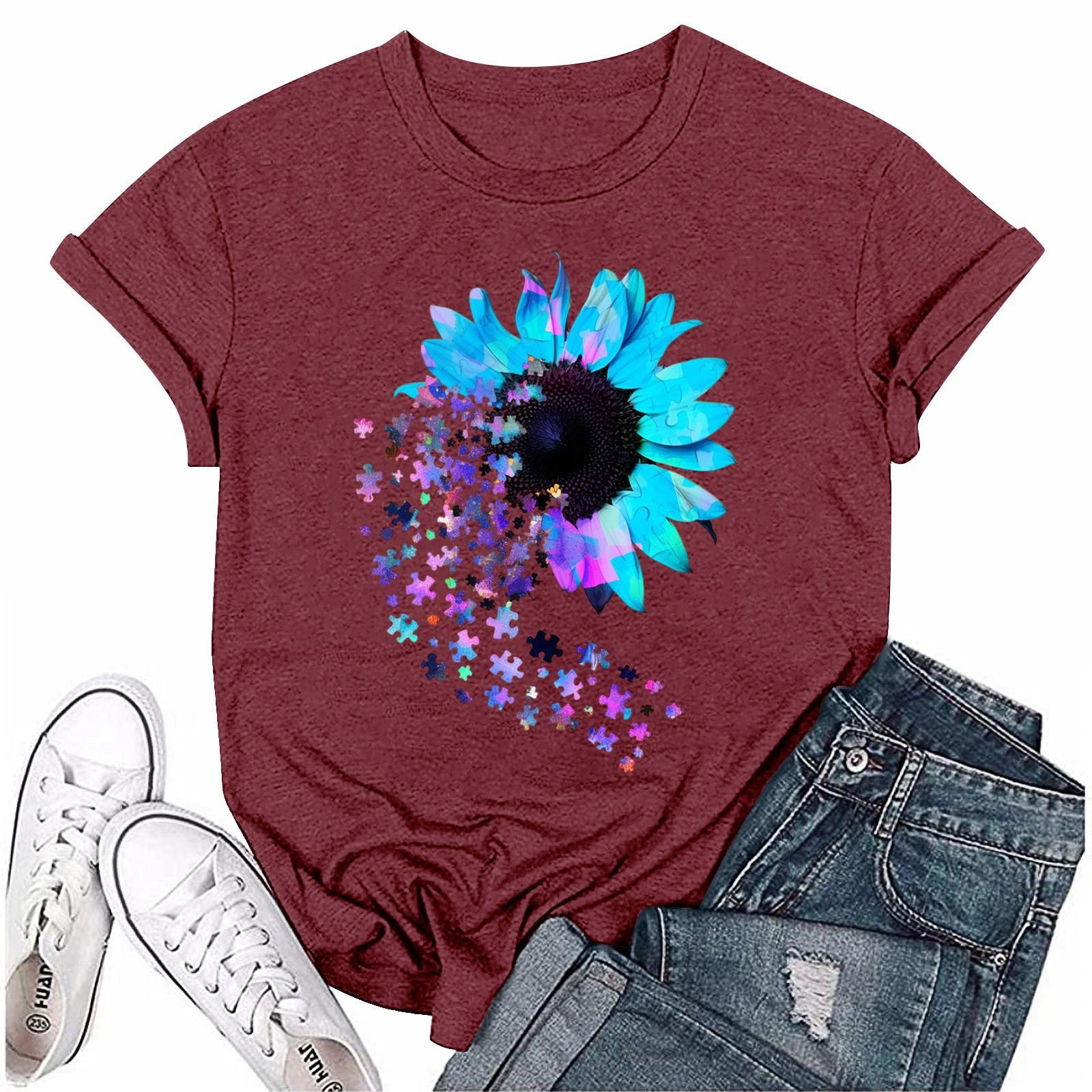 

Женская повседневная футболка с принтом подсолнухов Street Slim Fit с коротким рукавом M красный