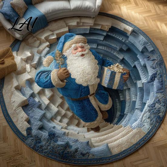 Living Room Holiday Carpet Christmas 3D Rug Illusion Area Round Decorative Optical Floor Mat Festive for Indoor Home Decoration Winter Seasonal Rug
