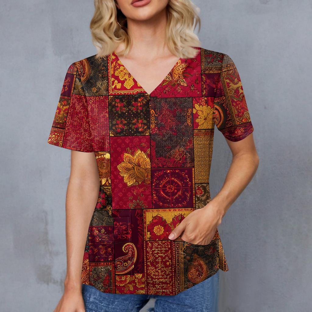 Women's Retro Printed V-Neck Double Pocket Short Sleeves Hem Slit  Uniform Caregiver Top