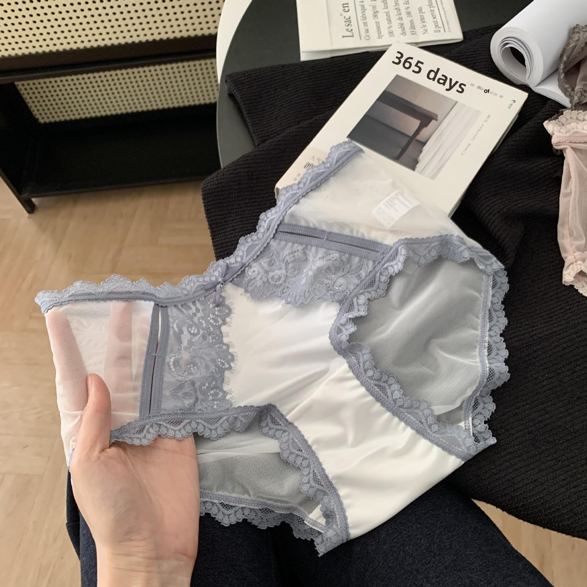

Ladies Summer Light Luxury Satin Sexy Lace Pure Desire Wind Hollow Mesh Yarn Antibacterial Crotch Breathable Briefs L синий