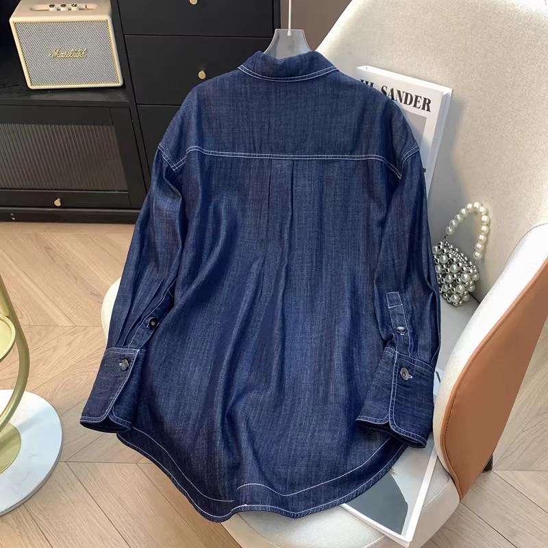 2024 Women's Loose Fit Blue Denim Shirt Jacket for Autumn/Winter