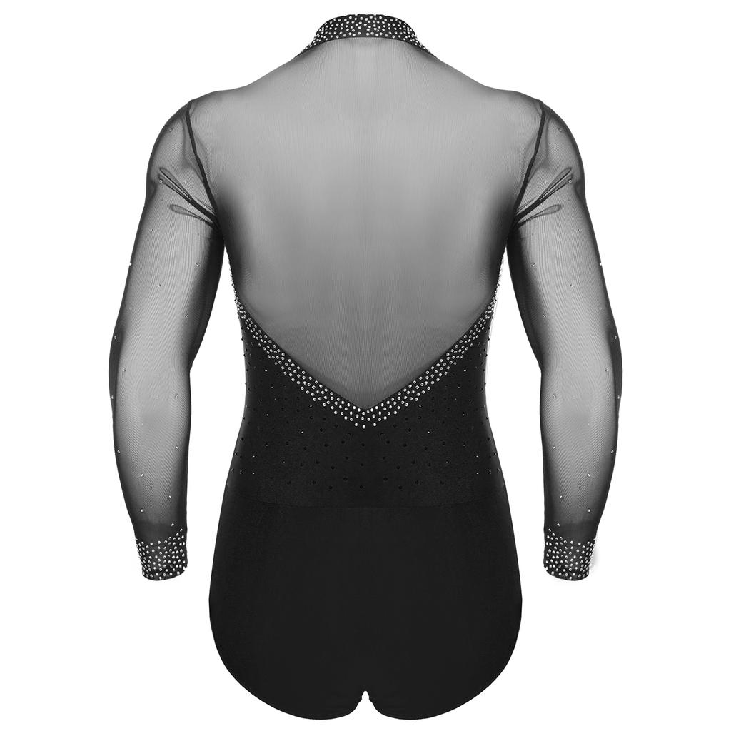 Mens Latin Dance Leotard Lapel Collar Sheer Mesh Patchwork Long Sleeve Sparkly Rhinestone Bodysuit Tango Costume