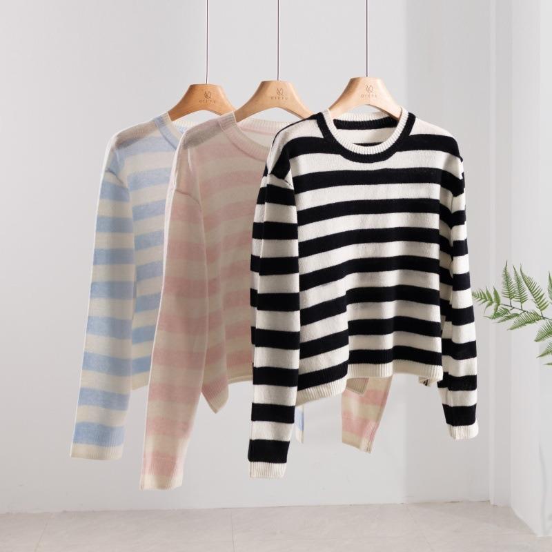 Crew Neck Striped 0 Pure Wool Knitted Sweater Autumn New Lazy Wind Pullover Jacket