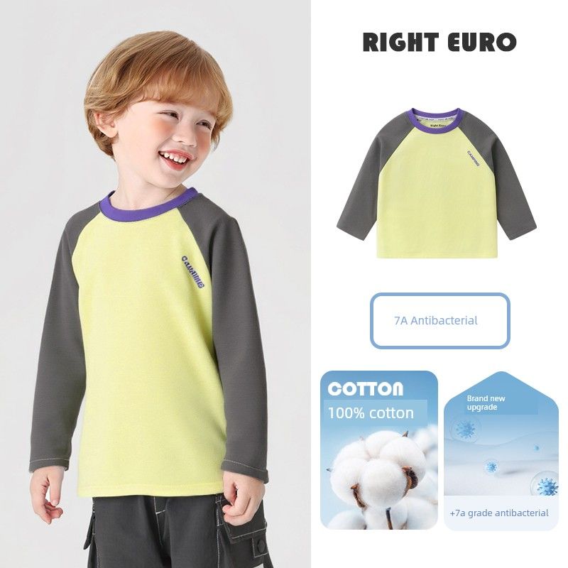 Right European Style Boys Long-Sleeve T-Shirt, Pure Cotton, Spring and Autumn Top, 2026 New Spring and Autumn Children s Clothing, Baby Base Shirt Light Yellow with Dark Gray Sleeves 110