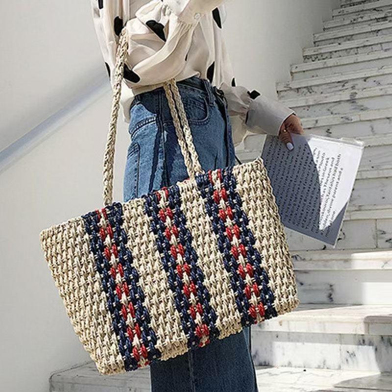 New Summer One-shoulder Contrasting Straw Bag, Hand-woven Bag, Large-capacity Tote Bag, Women's Seaside Vacation Beach Bag