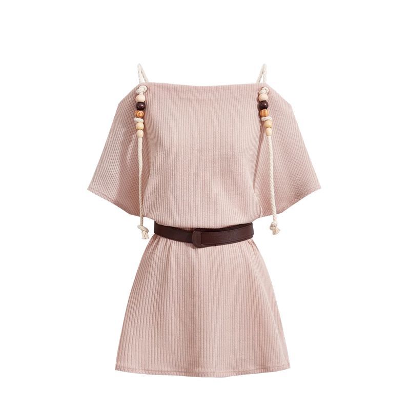 

Apricot One-shoulder Short-sleeved T-shirt for Women In Summer Braided Hemp Rope Beaded Medium-length Top S