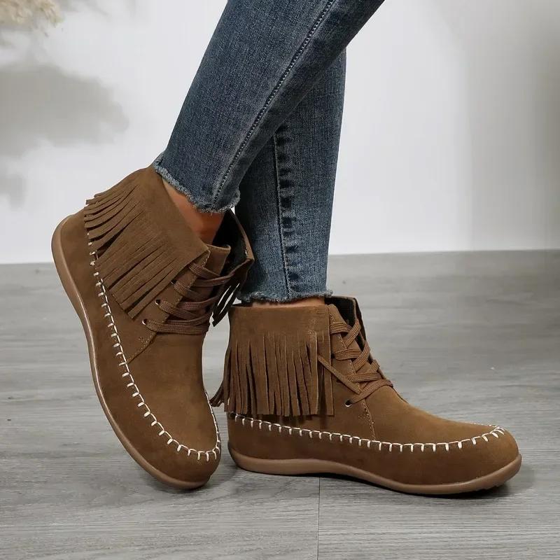 Fashion Women's Boots 2025 New Hot Sale Shoes for Women Lace Up Winter Round Toe Solid Flock Short Barrel Large Size Tassel Roman Boots