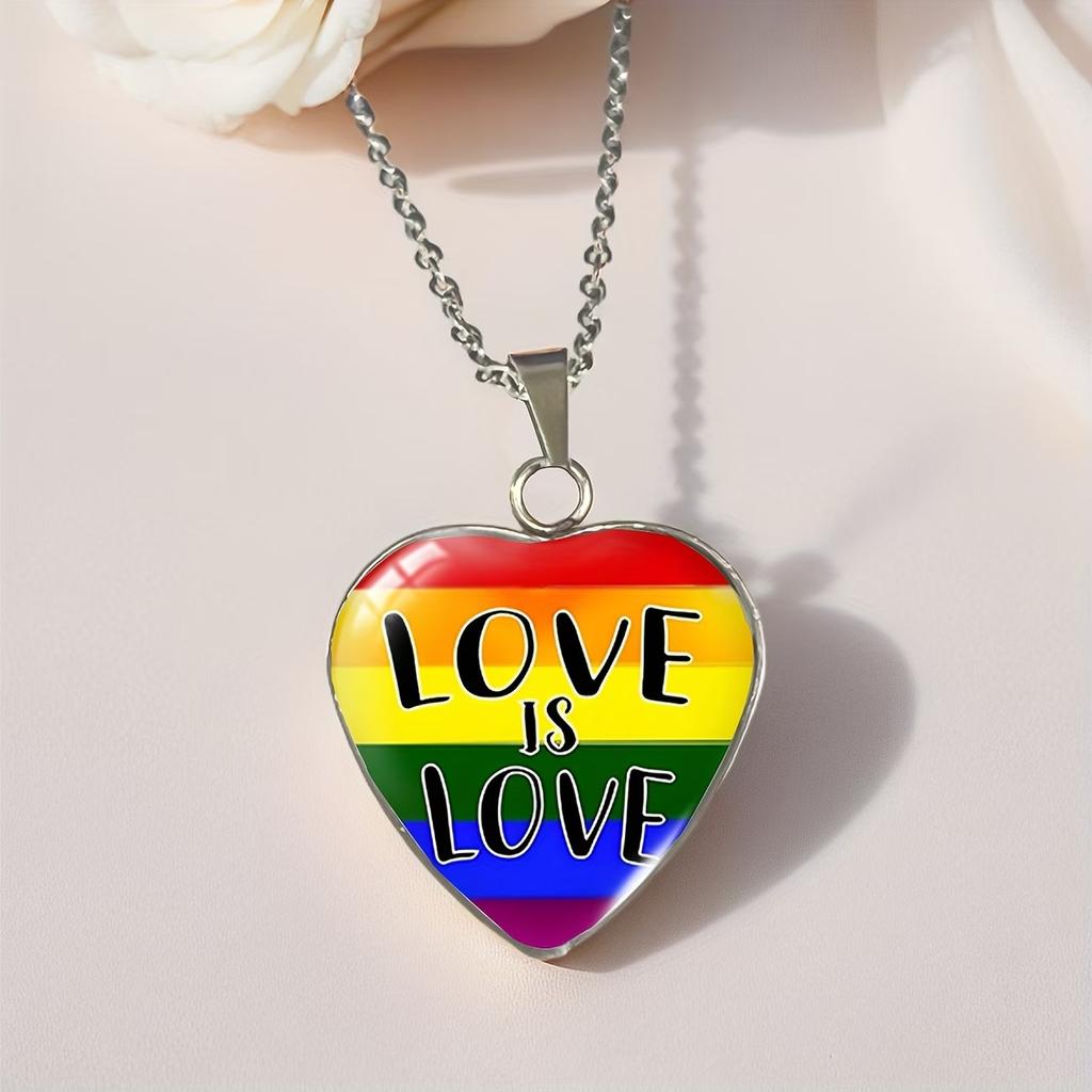 Rainbow Stripe Pattern Heart-shaped Time Gemstone Stainless Steel Pendant Necklace Fashionable Jewelry Birthday Party Gift
