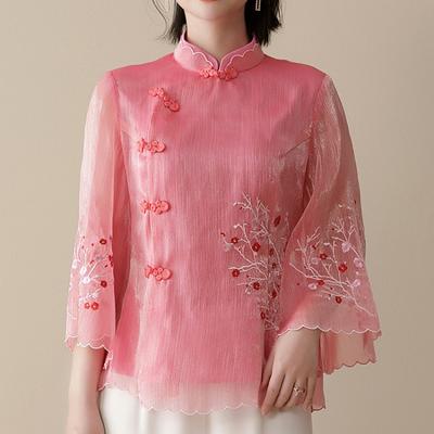 Dámská letní retro módní košile s límcem a patchworkovým šifonem, volný svetr s vyšívaným rukávem a knoflíky