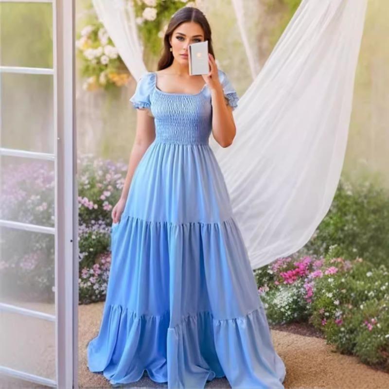 Women's New Commuter Solid Colour Square Neck Range Patchwork Long Dresses Dresses