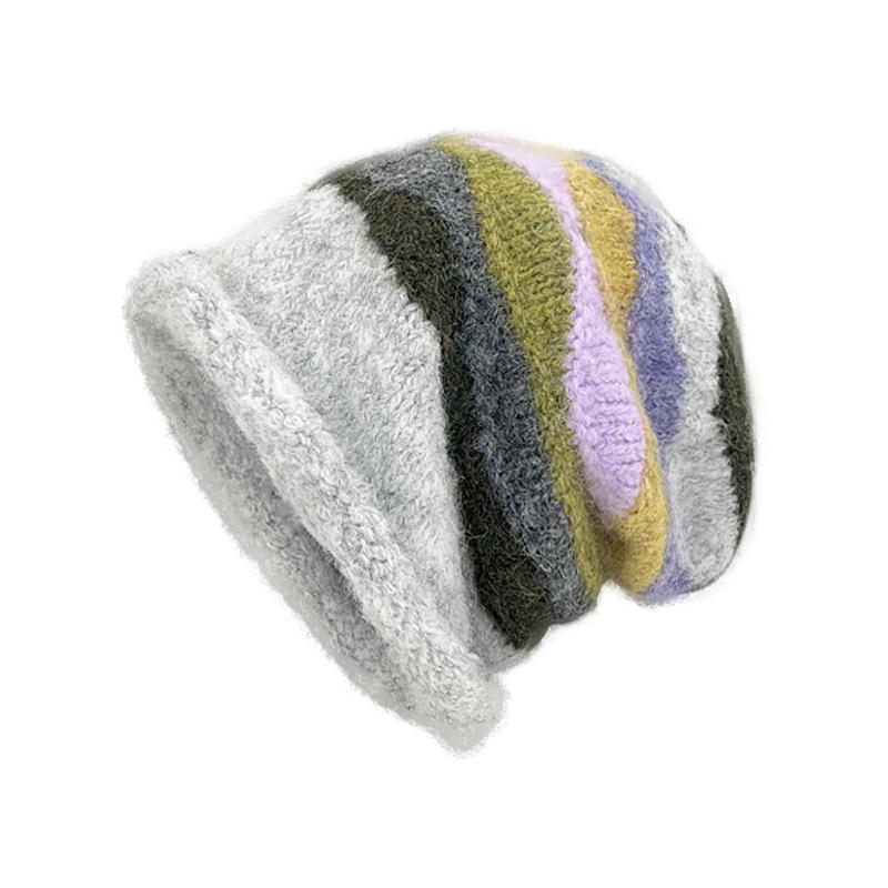 Korean Contrasting Striped Wool Hat for Women In Autumn and Winter New Warm Ear Protection Pile Hat Cold Hat Showing Face Small Knit Hat