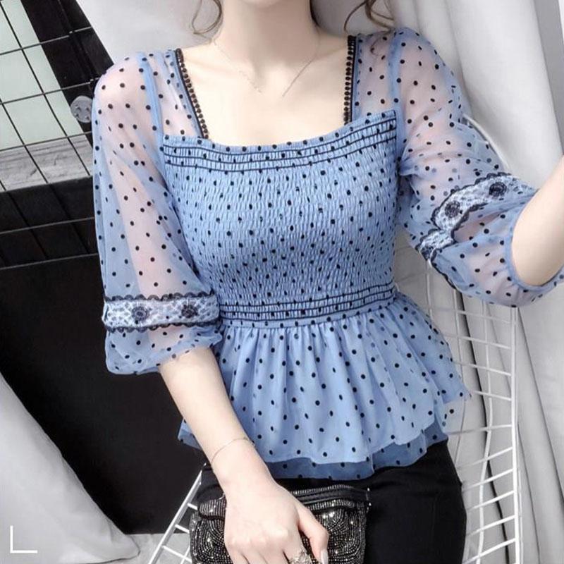 Síťované šití Vlnkový top Dámský zkrácený top Čtvercový výstřih Šifonová košile Elastické stažení vzadu Temperamentní Vílí styl Léto