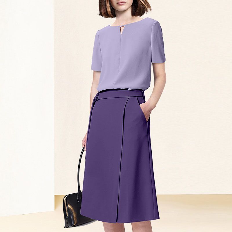 

Европейский и американский светский шикарный однотонный костюм с юбкой и принтом для женщин, одежда для работы, новинка 2024 года, комплект из двух предметов, лето Purple S