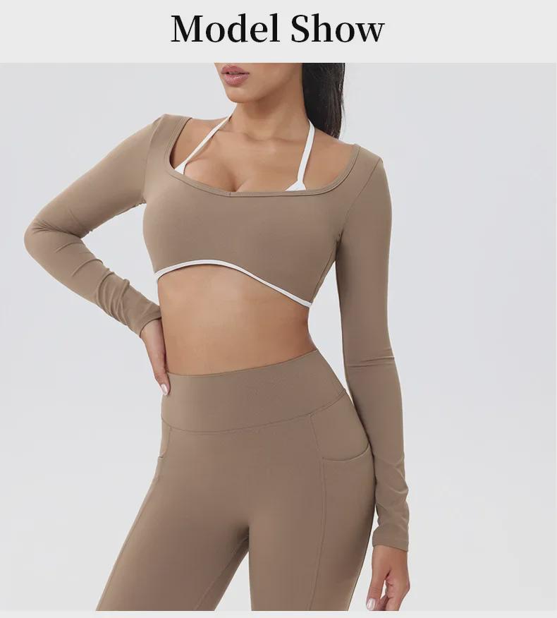 European-American Contrast Long-Sleeve Quick-Dry Yoga Top with Beautiful Back and Built-in Bra