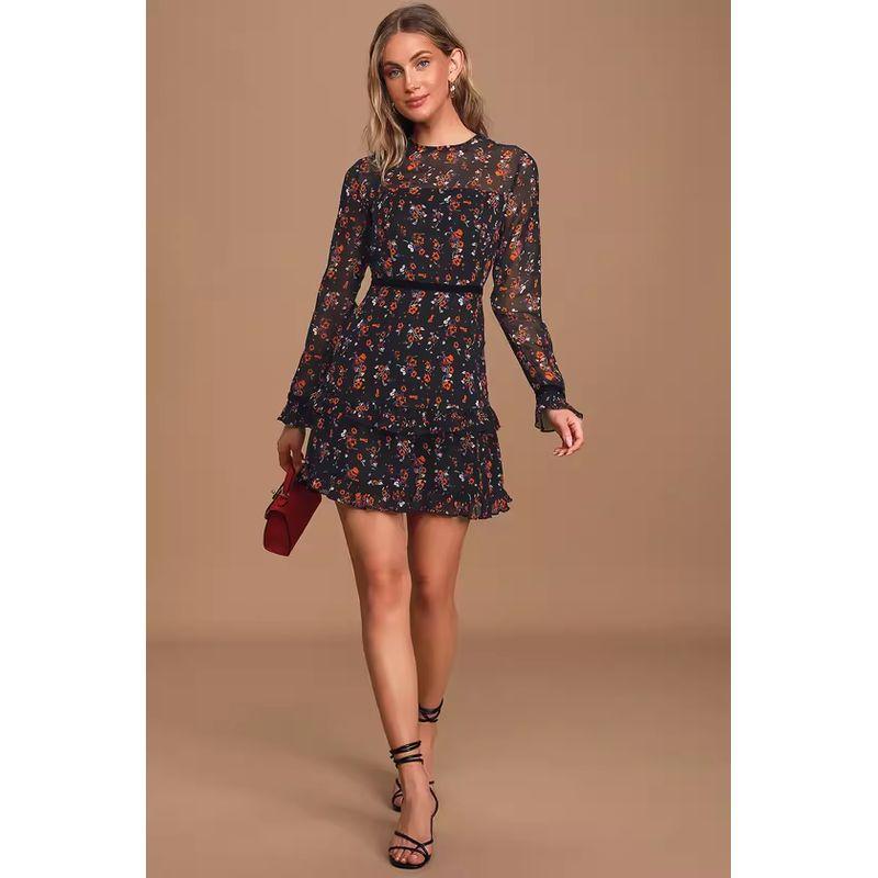 

Export Lu Lady Light Elegance Chiffon Exquisite Print Ruched next Door Young Girl Easiest for Match Casual Dress Black XXS