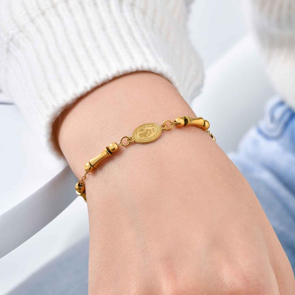 Vintage Rosary Bamboo Bead Chain Virgin Bracelet for Women,Stainless Steel Our Lady's Cross Bracelets,Charm Religious Jewelry