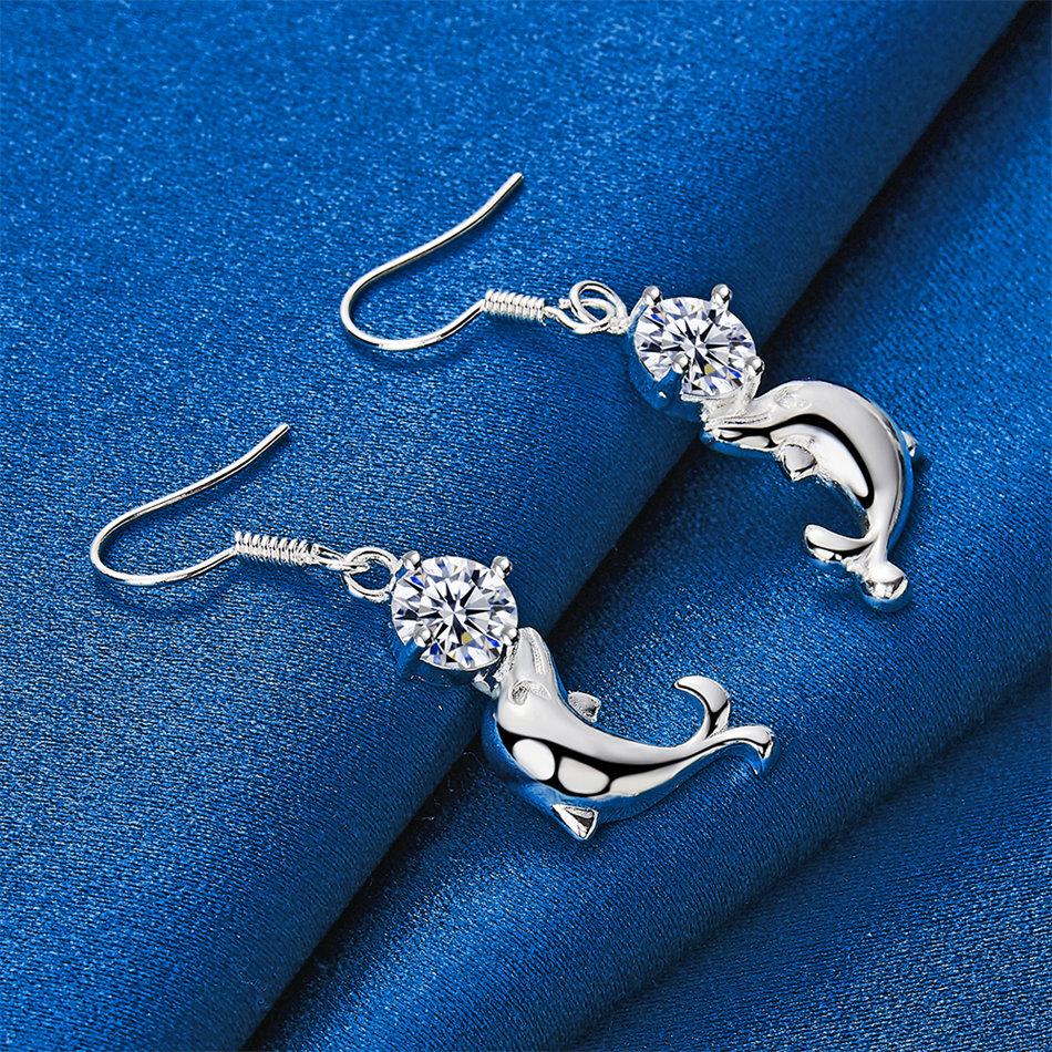 1 Pair of 925 Sterling Silver Cute Dolphin Zircon Pendant Earrings for Women's Wedding Accessories, Fashionable Jewelry Gifts