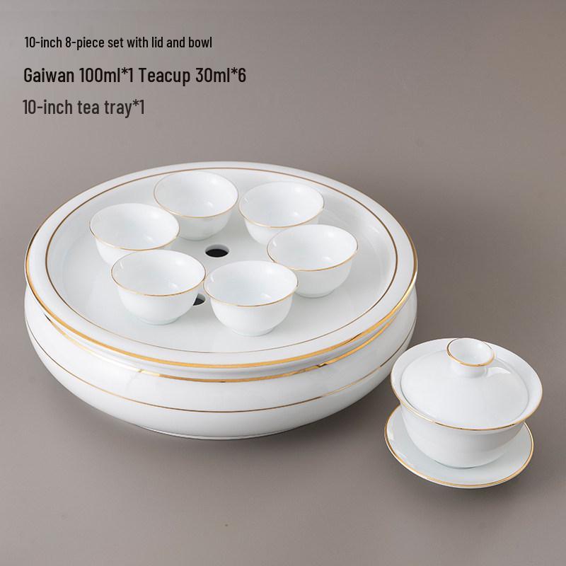 Chaozhou Gongfu Tea Set: Gold-Plated Tray, Blue & White Ceramic Teapot, Gaiwan, Cups - Chinese Style Living Room. Pure White - Gaiwan Set