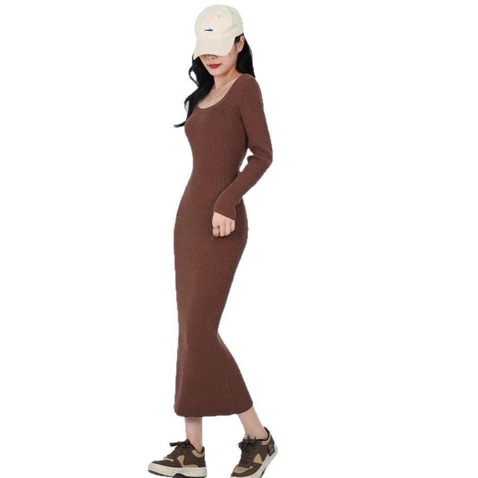 Temperament Elegant Style Knitted Dress Autumn and Winter U-neck Long-sleeved Slim-fitting Long Knee-bottom Sweater Skirt Women