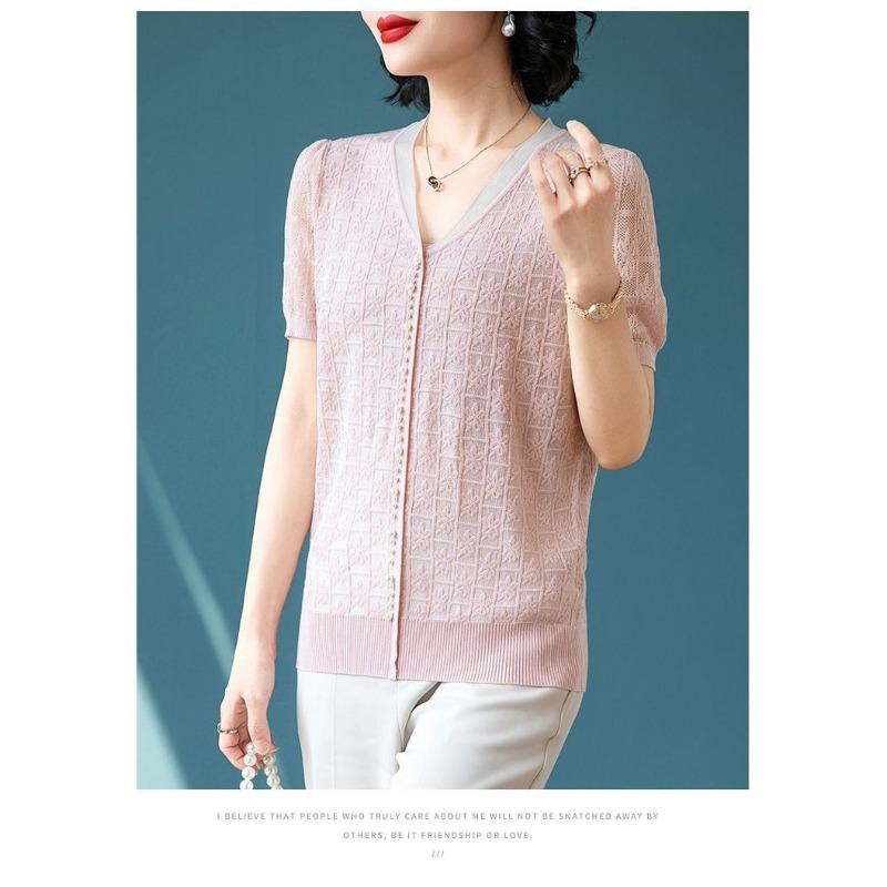Women Light Blue V Neck Short Sleeve Knit Cardigan With Lace Openwork And Pearl Buttons