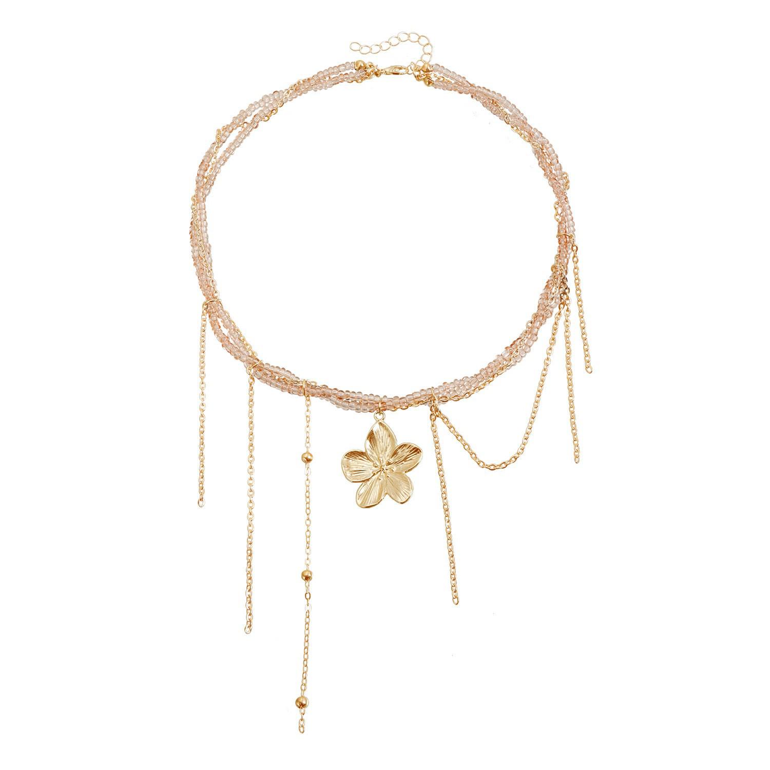 Пастельно-розовое кристаллическое цветочное ожерелье с кисточками - Свежий, Девичий, Персонализированный стиль золотой