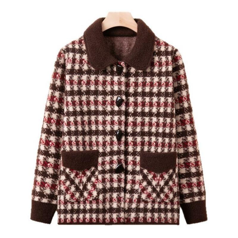 New mother sweater jacket middle elderly knitted sweater top spring and autumn plaid cardigan lapel women