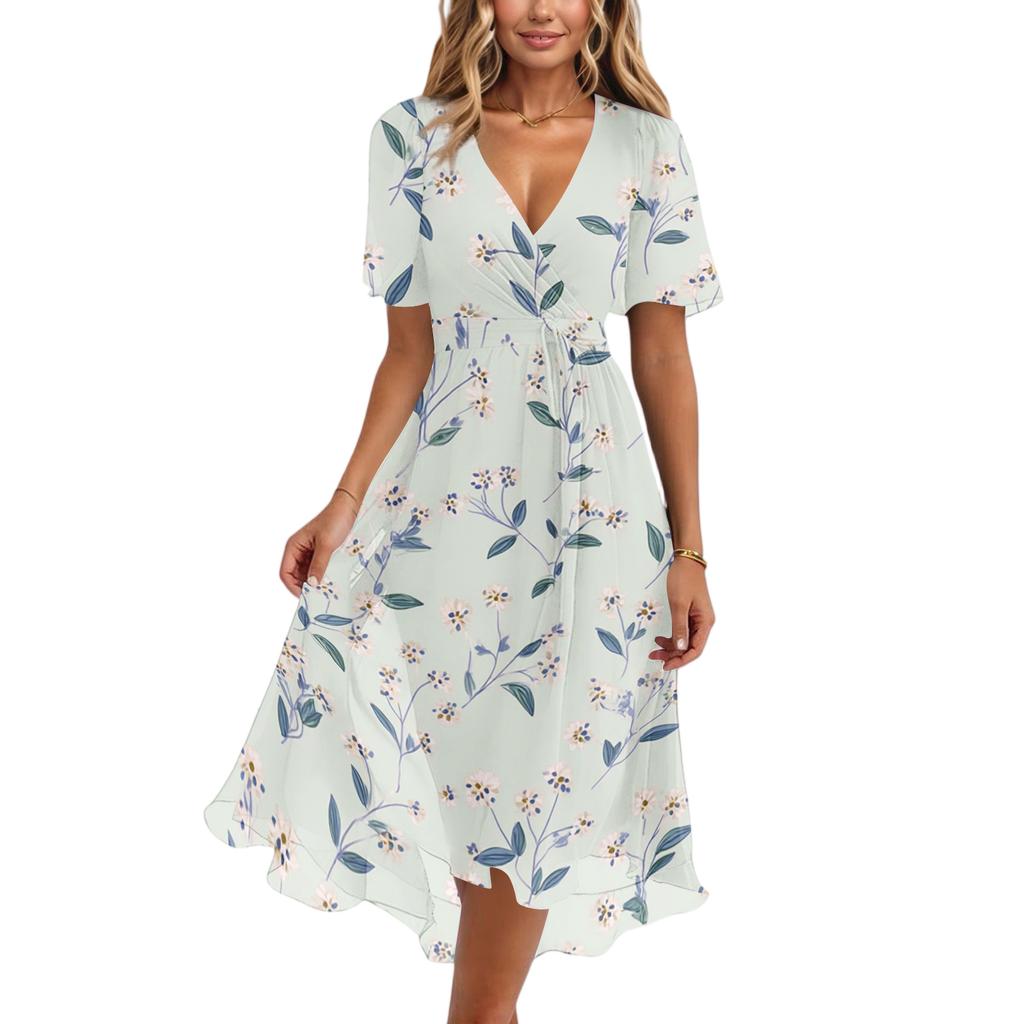 Women V Neck Short Sleeve Floral Print Dress Casual Loose Fit Summer Midi Dress Lightweight Flowing Elegant Style