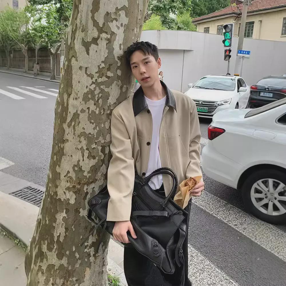 Korean Style Men's Contrast Lapel Leather Jacket - Autumn Short, Loose Fit with Padded Shoulders