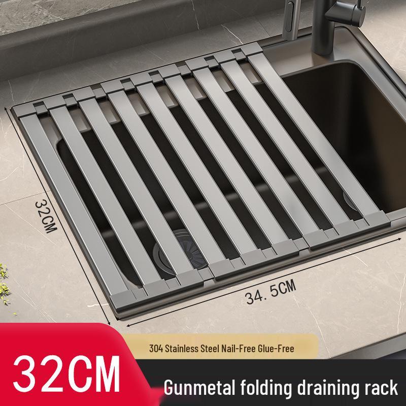 Foldable 304 Stainless Steel Bowl Rack with Water Filtering Mat - Gunmetal Gray