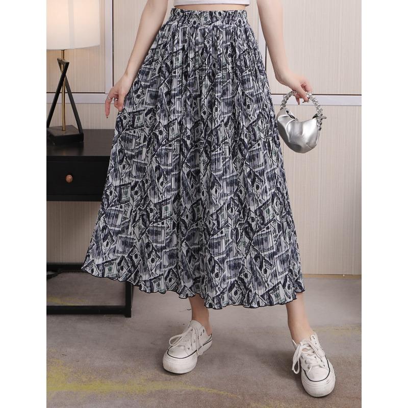 Spring New Fashion Pleated Skirt Digital Printing Long Skirt Elastic Waist Supply Temperament Commuting