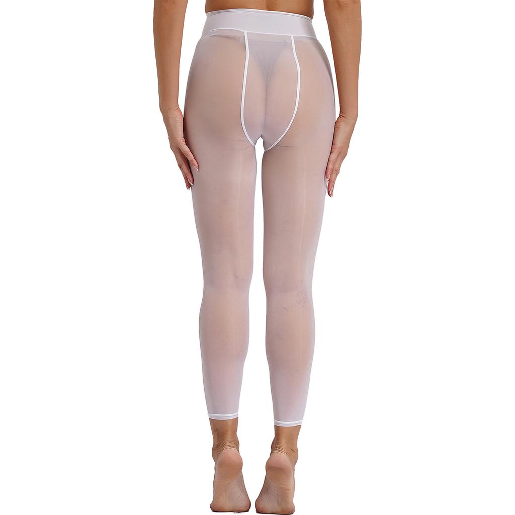 Womens Sheer Mesh Leggings Shimmering Skinny Pants High Waist See-Through Baselayer Tights