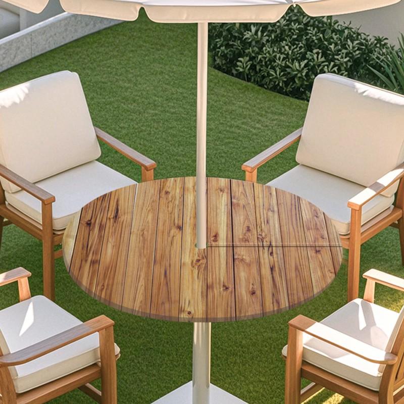 Copritavolo Rotondo da Esterno con Effetto Legno Impermeabile Orlo Elastico Per Patio Giardino Sala da Pranzo
