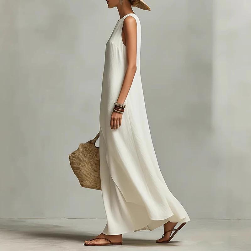 Summer Maxi Dresses For Women Casual O Neck Sleeveless Loose Asymmetrical Hem Long Dress Women Elegant Beach Holiday Sundress
