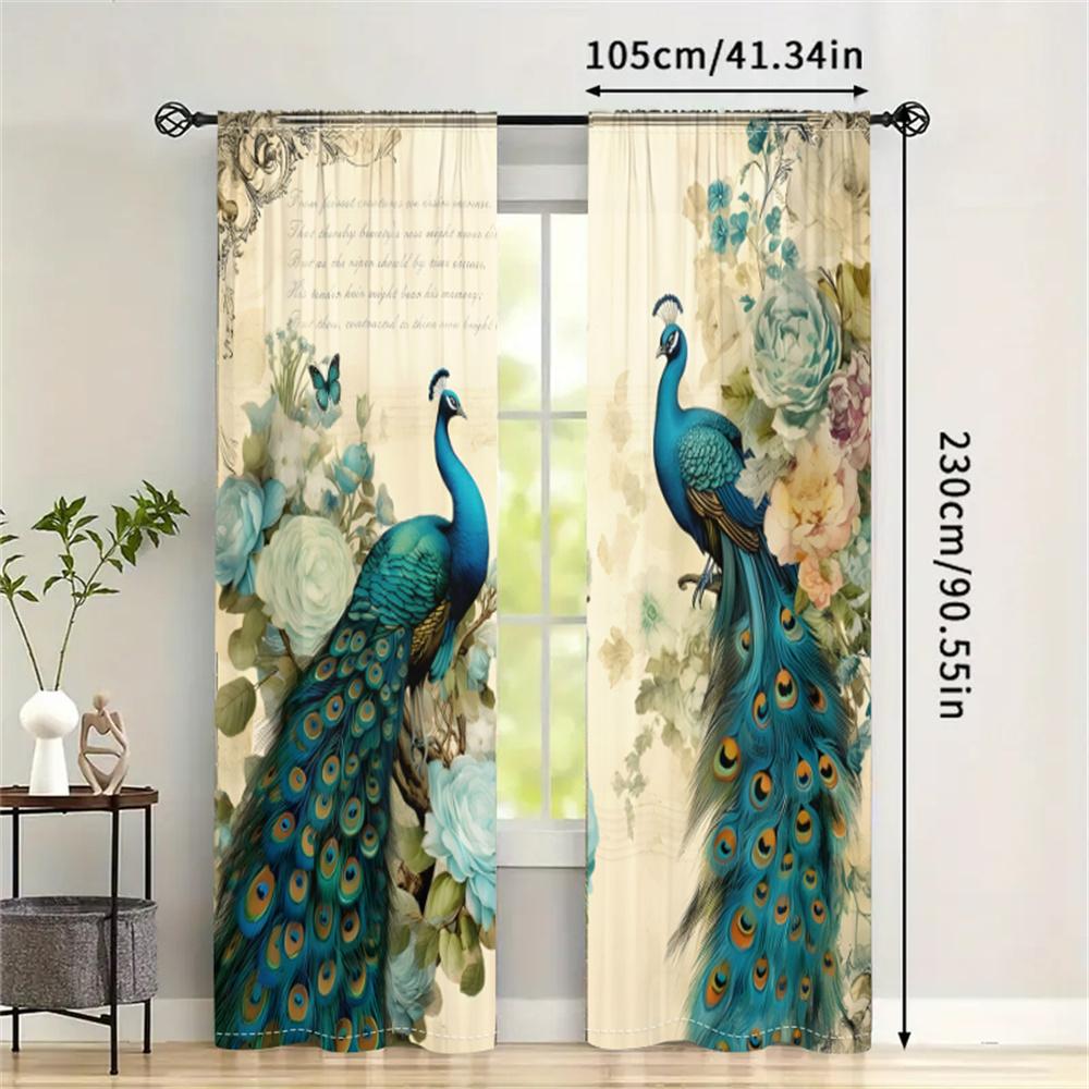 2Pcs Elegant Peacock Curtains Blue Vintage Floral Pattern Living Room Bedroom Office Sunshade Country Style Decor Curtains