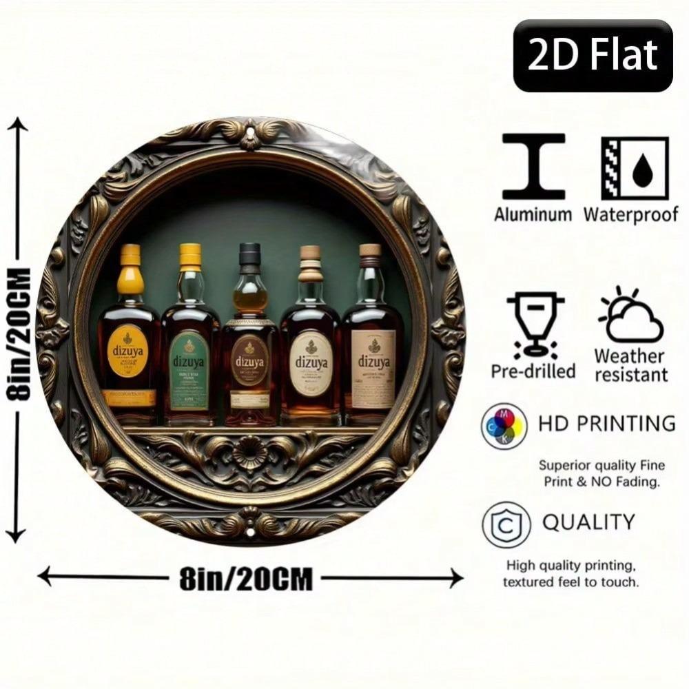 Vintage Style 8 Inch Round Aluminum Metal Tin Sign Whiskey Bottle Design Home Bar Decor