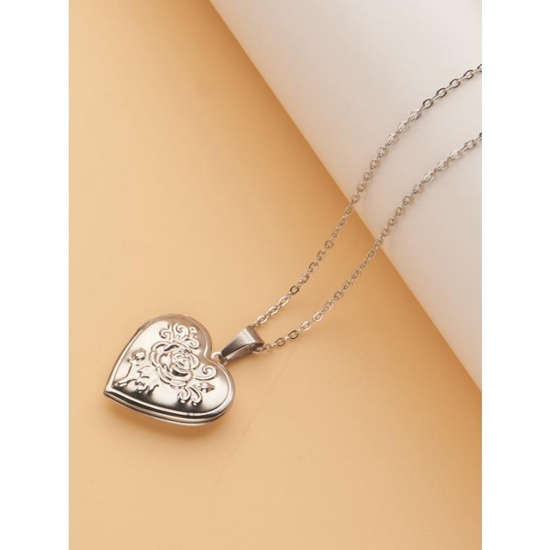 Silver Gold Openable Rose Photo Frame Heart Pendant Stainless Steel Necklace