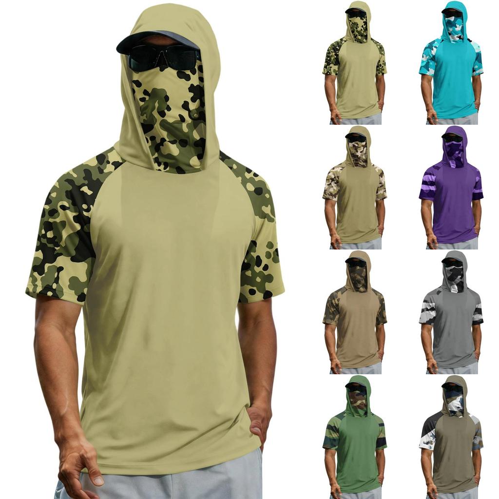 T-shirt estiva da uomo a maniche corte con gradiente mimetico ad asciugatura rapida, abbigliamento da sole, pesca, fitness, sport, maglietta con cappuccio a maniche corte