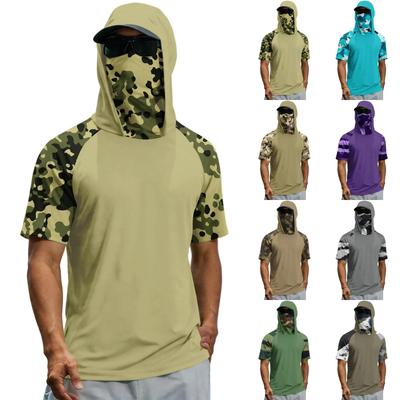 Men's Summer Camouflage Gradient Drying Short-sleeved T-shirt, Sun Clothing, Fishing, Fitness, Sports, Hooded Short-sleeved Shirt