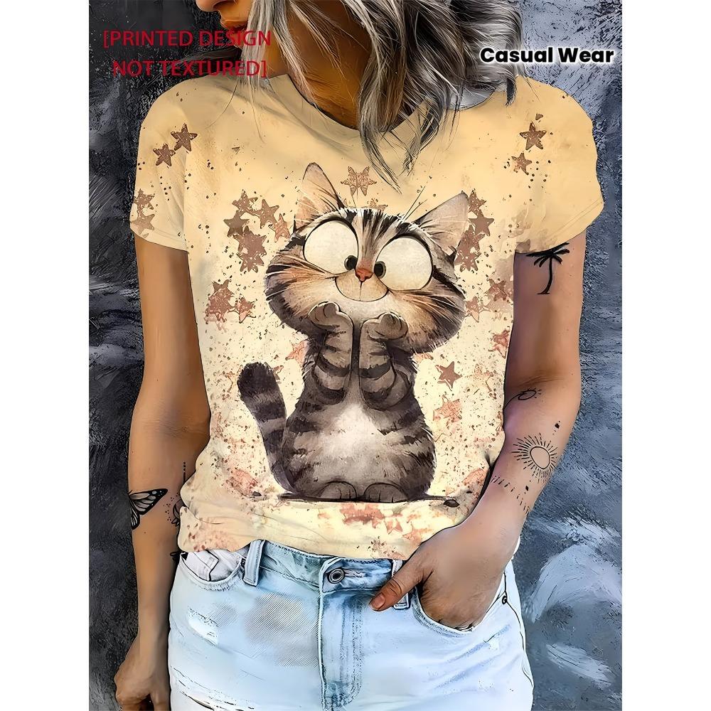 Crew Neck Short Sleeve Neon Style Cat Floral Print T Shirt Women's Outfits Casual Streetwear Lady Loose Clothing Cute Tops