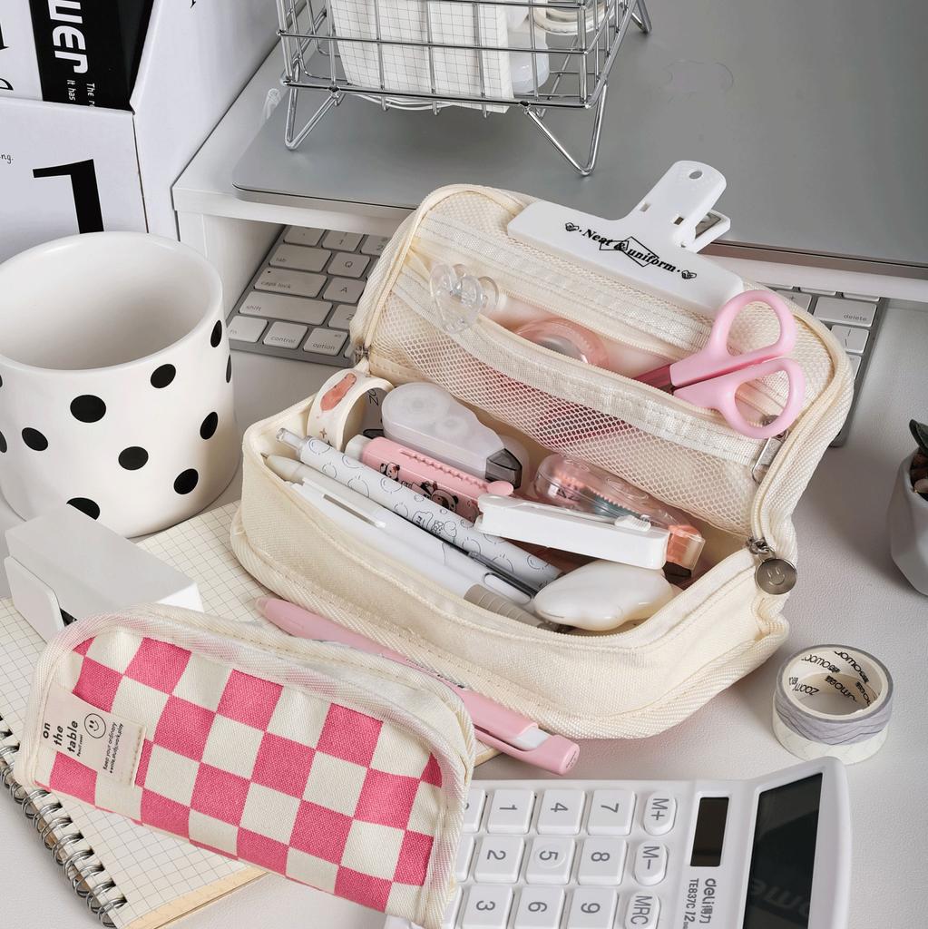 Kawaii Pencil Case Checkerboard Lattice Large Capacity Canvas Pencil Bag for students Multifuncional school Stationery box