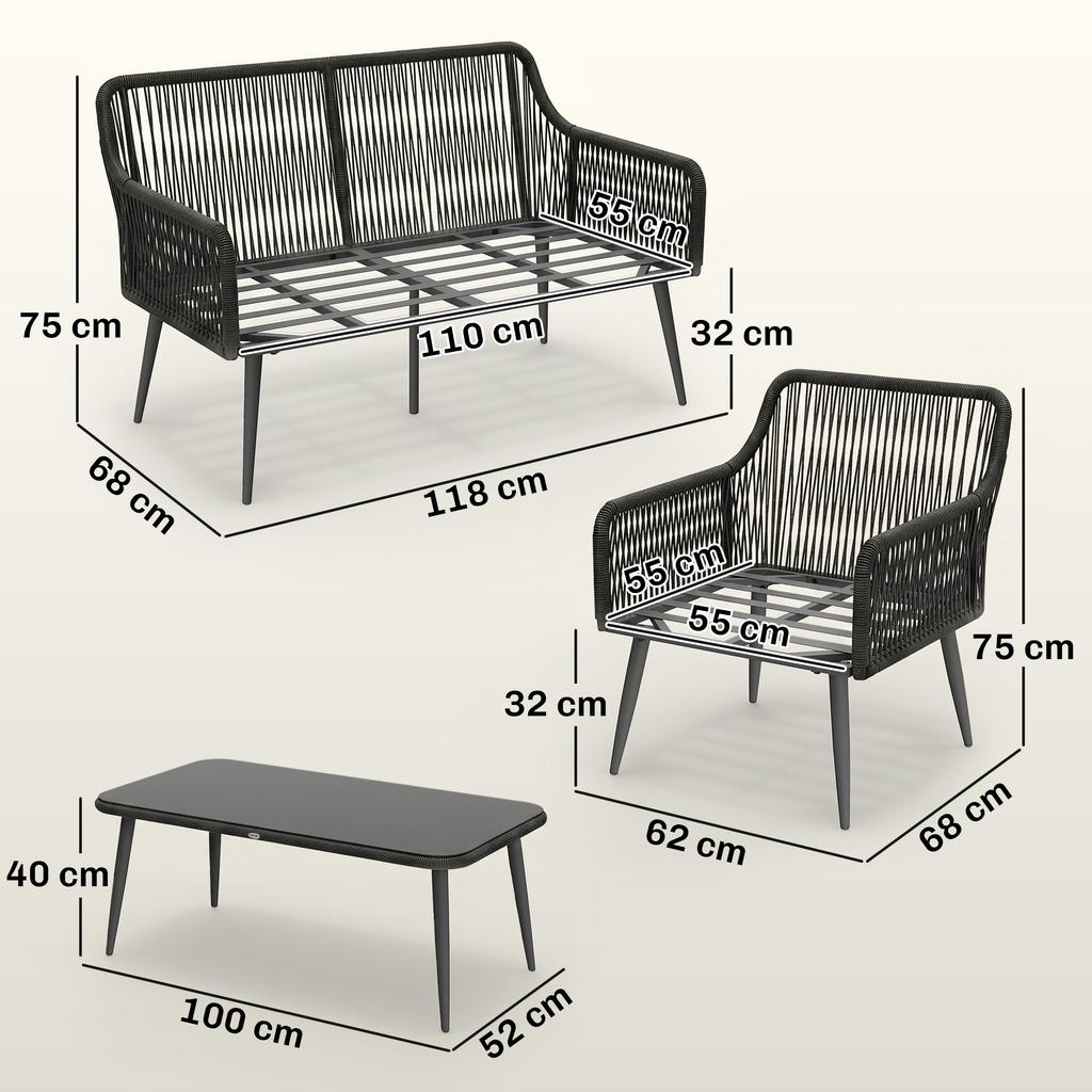 Rattan Garden Furniture Set, 4 Piece Outdoor Patio Furniture with Tempered Glass Table and Chairs, Indoor Balcony Conservatory Set