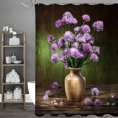 Vintage Lila Blumenvase Holz Duschvorhang, Badezimmer Dekorativer Duschvorhang, Wasserdichter Duschvorhang mit Haken