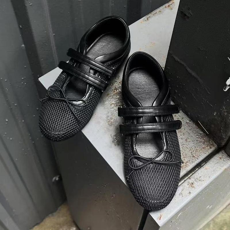 Cowhide Version~ Niche Mesh Breathable Flat Mary Jane Shoes Women's Velcro Casual Versatile Sports Shallow Mouth Single Shoes