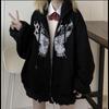 European-Style Women's Hooded Zipper Cardigan Sweatshirt with Letter and Butterfly Print, Plus Velvet