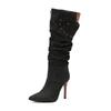 Fashion Women's Autumn and Winter New Pleated High-heeled Short Boots Pointed Zip Knee-length Boots Women's 34-50 Large Mid Length Boots