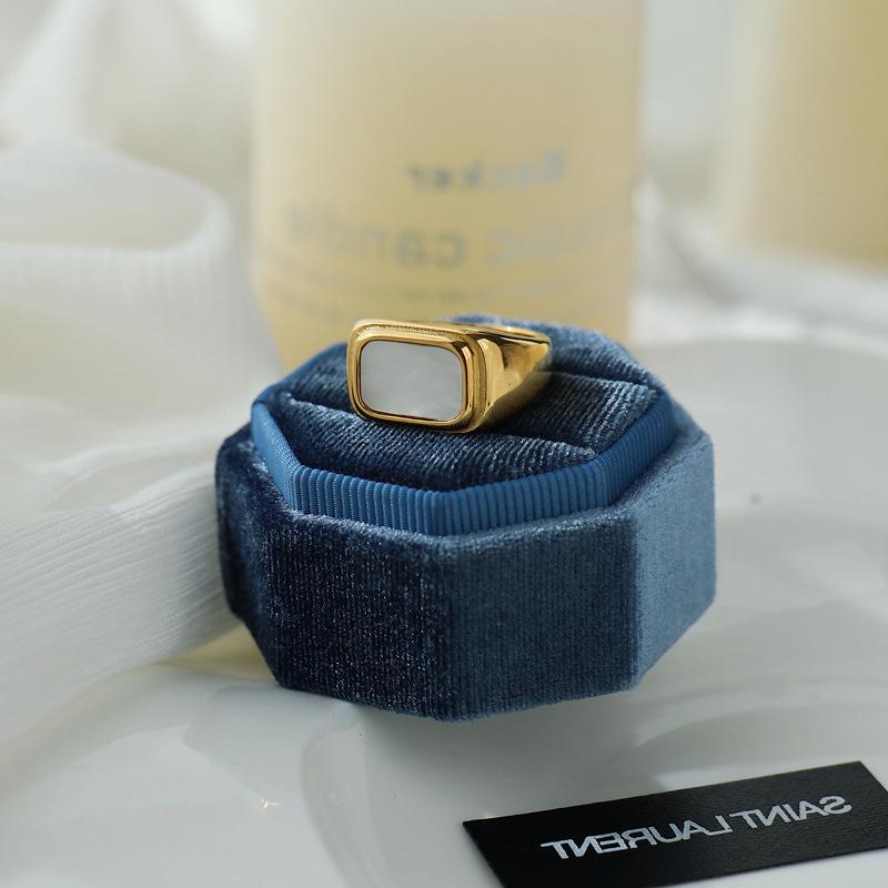 18K Gold-Plated Titanium Steel Ring with European Geometric Design and Mother-of-Pearl Inlay