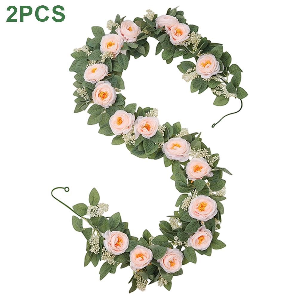 Set of 2 Artificial Eucalyptus Garlands with Faux Roses for Home and Event Decoration 6 6ft Long Plastic Material Wreaths