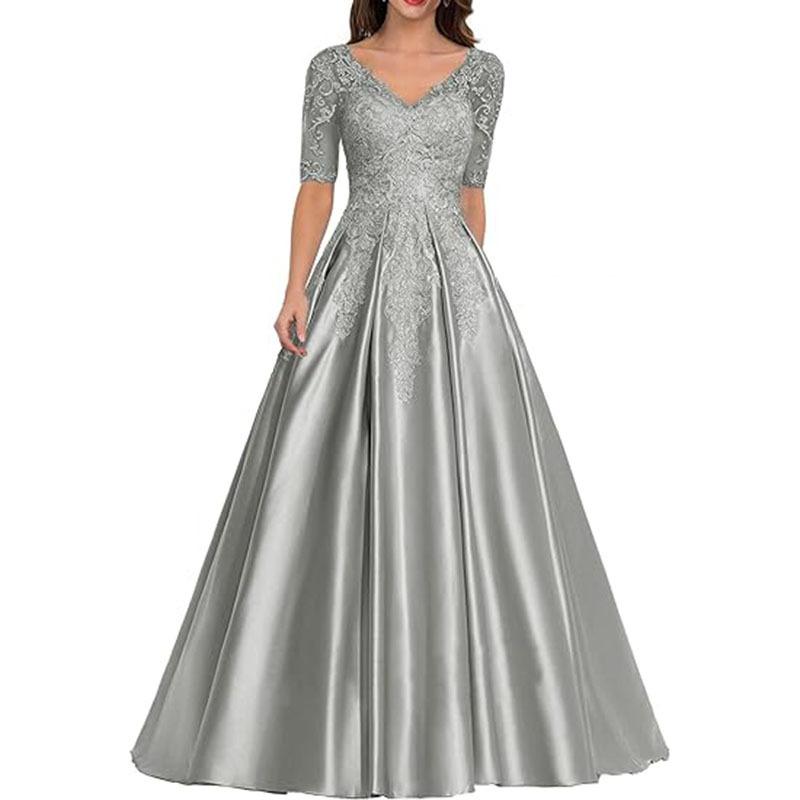 New evening dress lace V-neck short-sleeved long dress temperament party host new dress