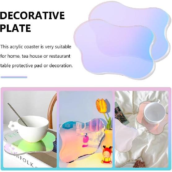 FINGERPIRE 2 Cloud Shaped Acrylic Coasters 5.1x6.4inch Clear Iridescent Irregular Creative Decorative Plate for Kitchen Counter, Dresser, Office Desk